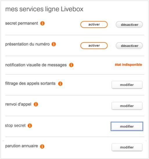Fenêtre mes services ligne Livebox