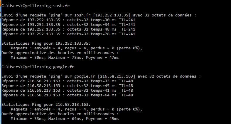 le ping vers sosh et vers google