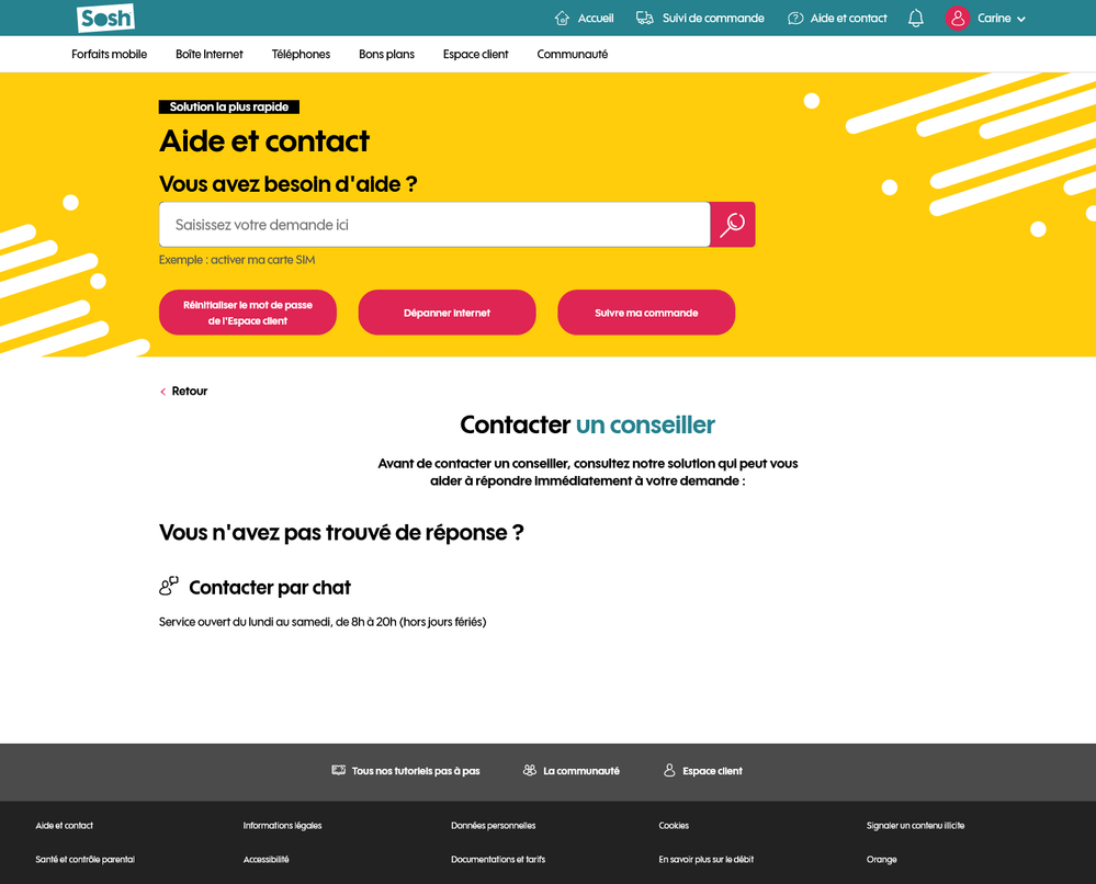 Contact par chat proposé, mais aucun lien vers une boîte de dialogue !