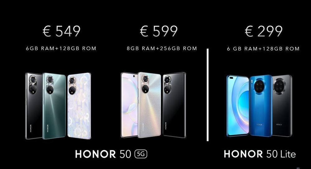 Les prix du HONOR 50 et HONOR 50 Lite.