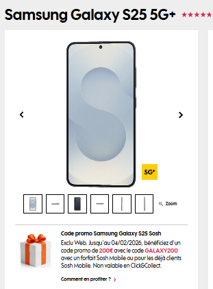 CODE PROMO DE -200€ sur le Samsung Galaxy S25 avec le code GALAXY200 pour les clients Sosh mobile